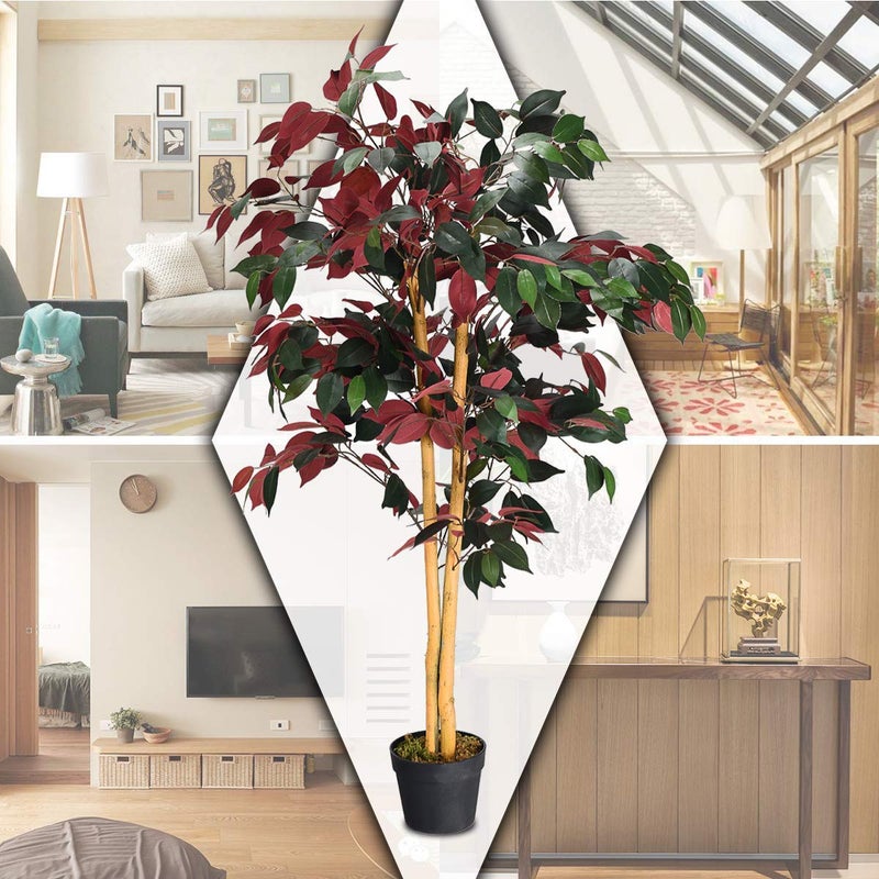 COSTWAY Fake Artificial Greenery Plants in Pots Decorative Home, Office, Lobby (4Ft Ficus Tree), Green & Red - Image 5